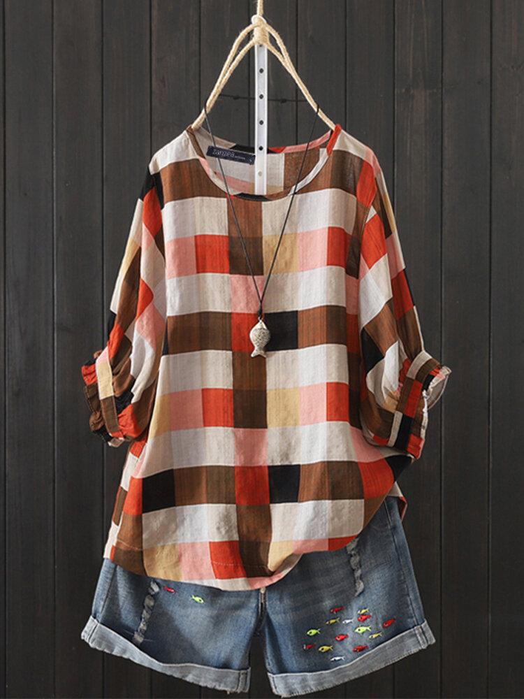 Plaid Print Puff Sleevs O-neck Casual T-shirt