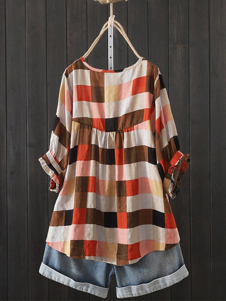 Plaid Print Puff Sleevs O-neck Casual T-shirt