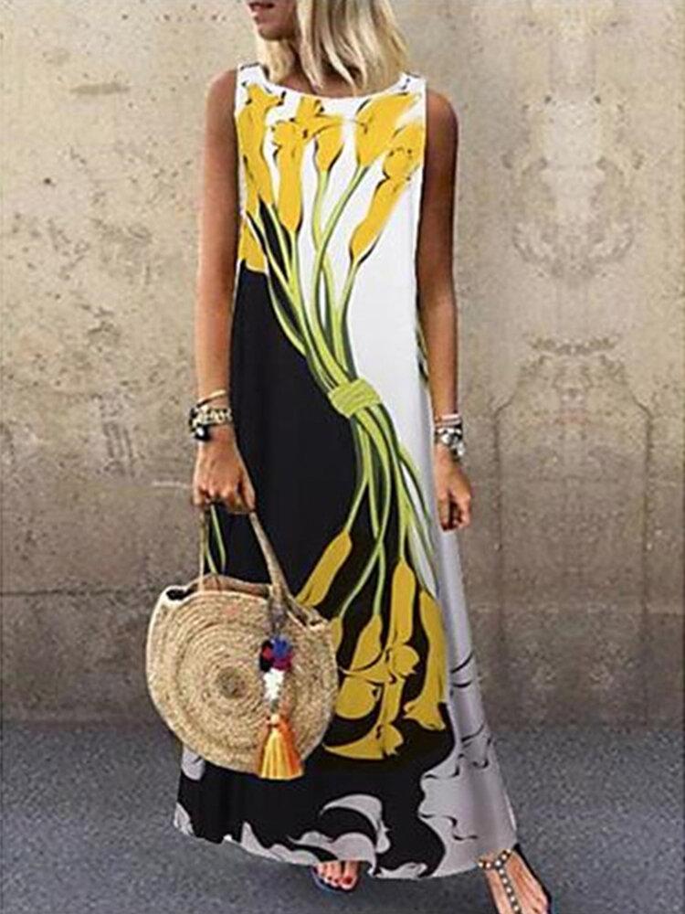 Vintage Printed O-neck Sleeveless Maxi Dress