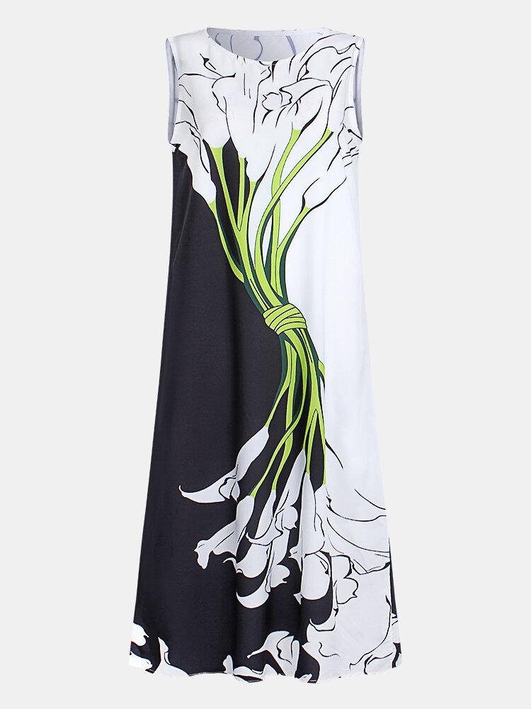 Vintage Printed O-neck Sleeveless Maxi Dress