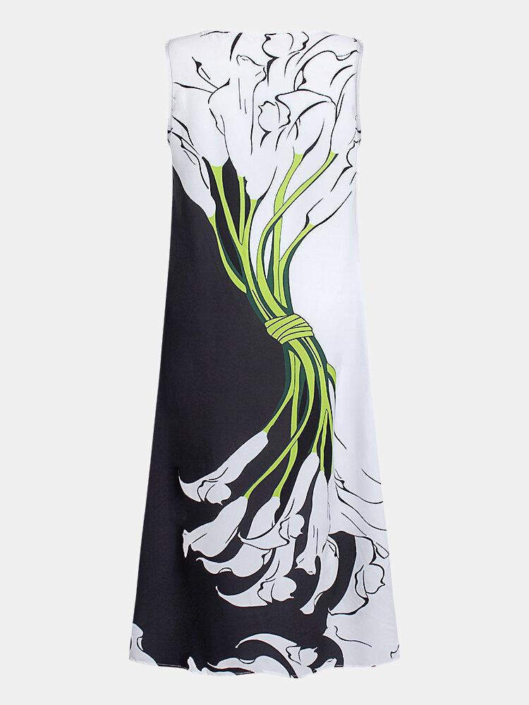 Vintage Printed O-neck Sleeveless Maxi Dress