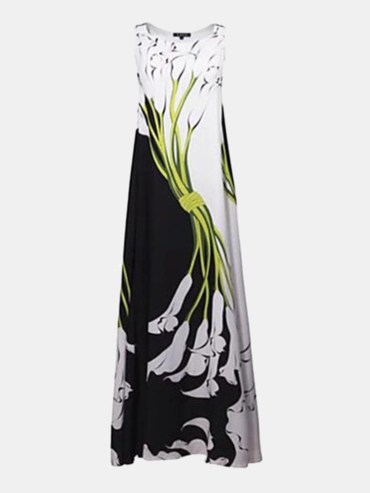 Vintage Printed O-neck Sleeveless Maxi Dress