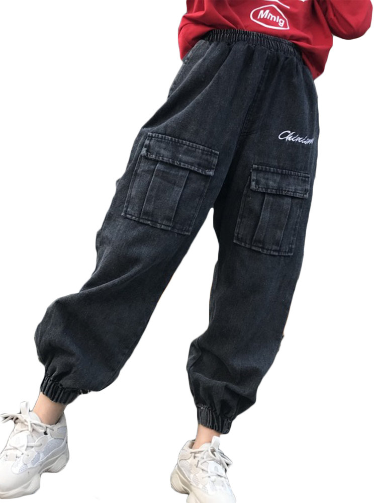 Letter Print Denim Loose Casual Overalls Pants