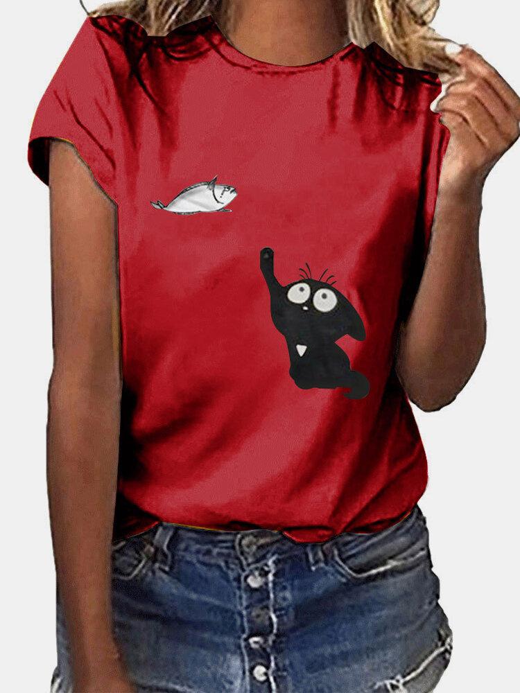 Cartoon Cat Fish Print Short Sleeve O-neck T-shirt For Women