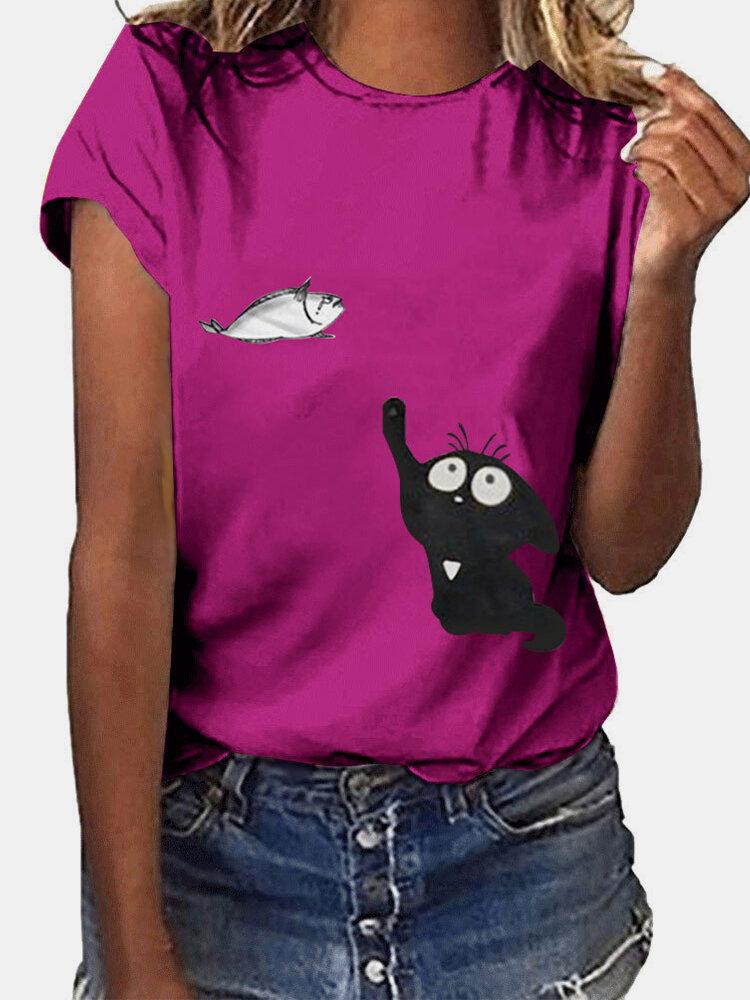 Cartoon Cat Fish Print Short Sleeve O-neck T-shirt For Women