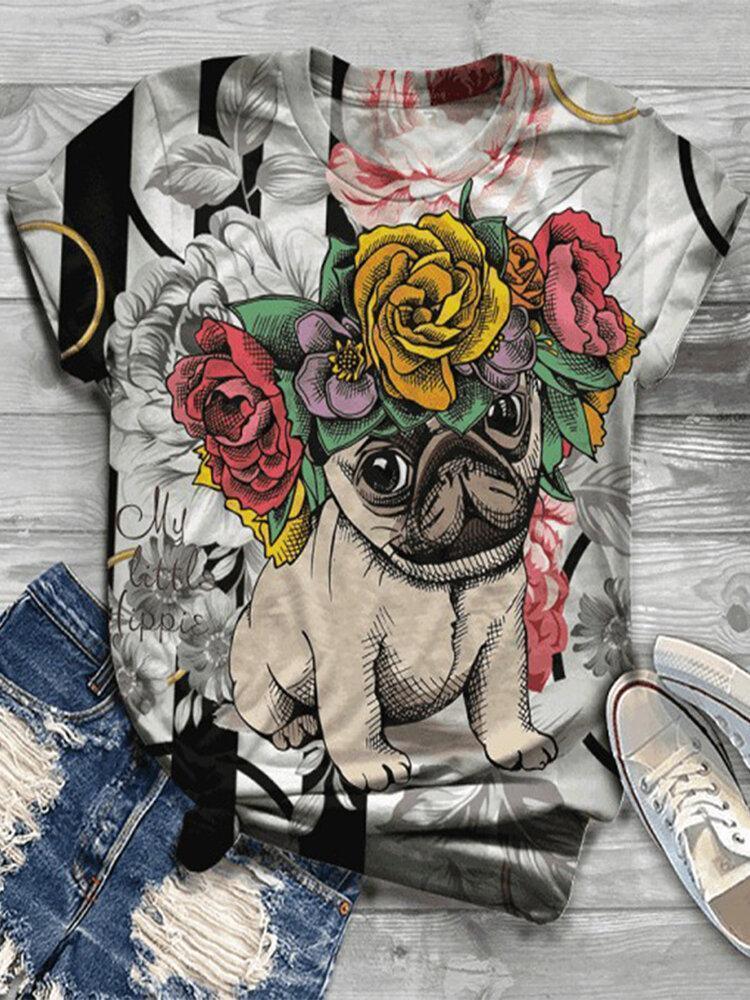 Cartoon Dog Printed O-neck Short Sleeve T-shirt