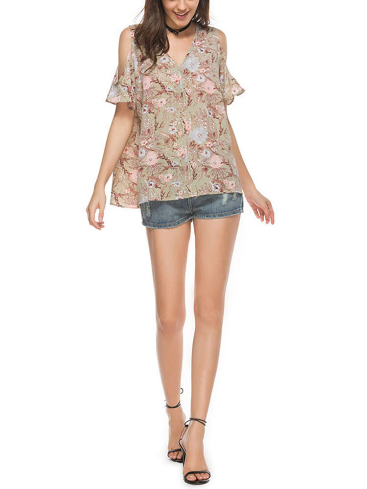 Casual Floral Print Cold Shoulder V-neck Short Sleeve Women T-shirt