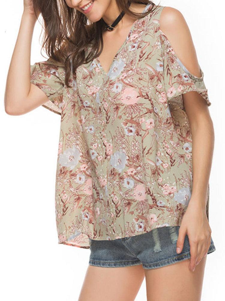 Casual Floral Print Cold Shoulder V-neck Short Sleeve Women T-shirt