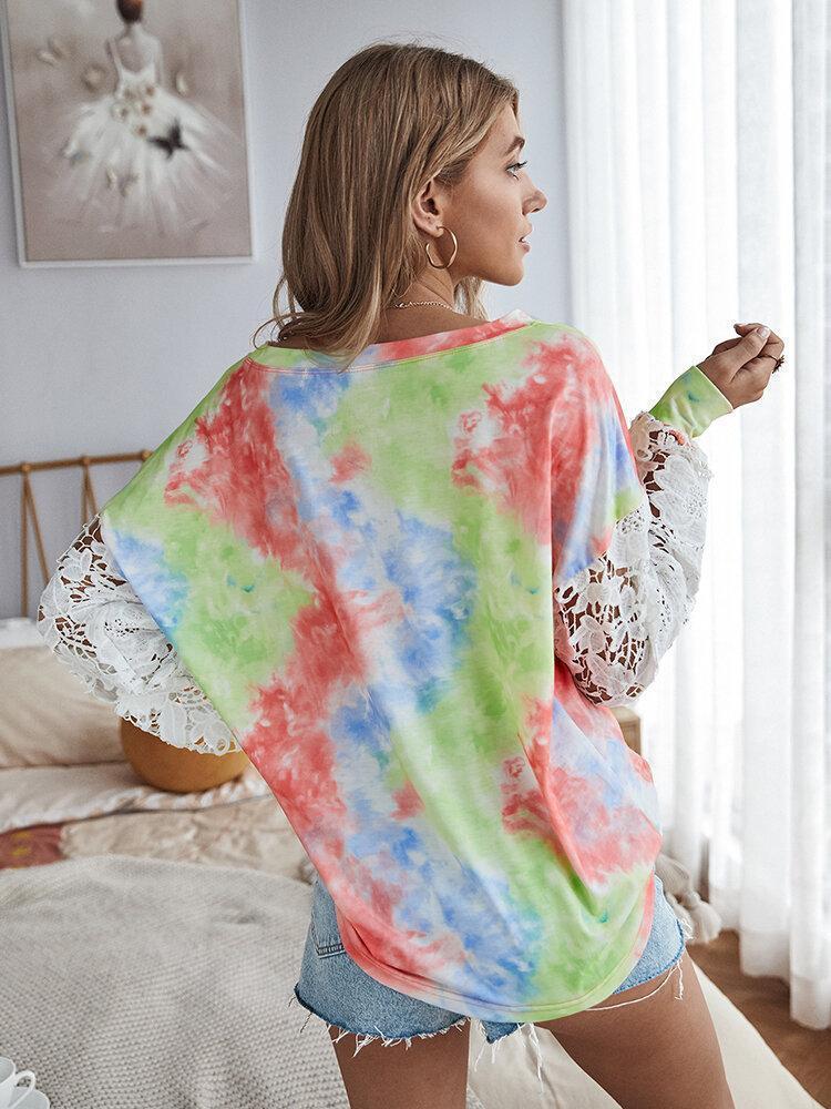 Lace Sleeves Patchwork Tie-dyed Print Casual T-shirt