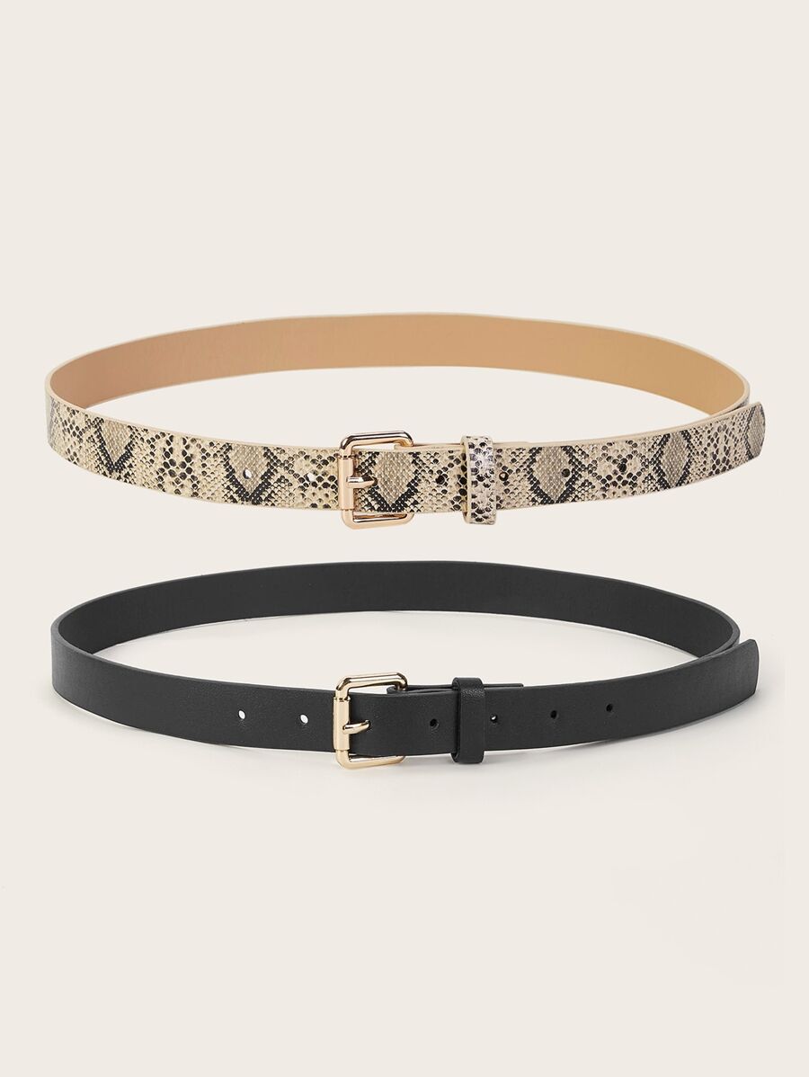 Snakeskin Pattern Metal Buckle Belt 2pcs