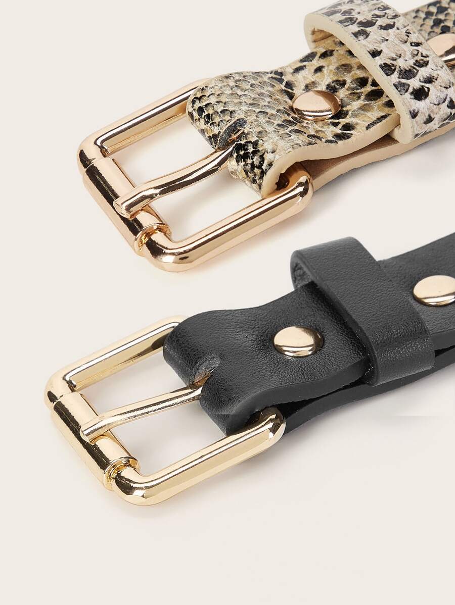 Snakeskin Pattern Metal Buckle Belt 2pcs