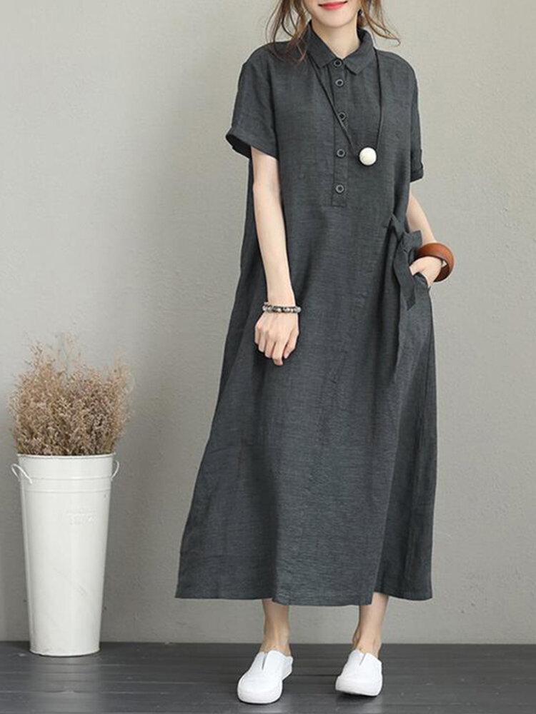 Vintage Turn-down Collar Side Pocket Drawstring Dress