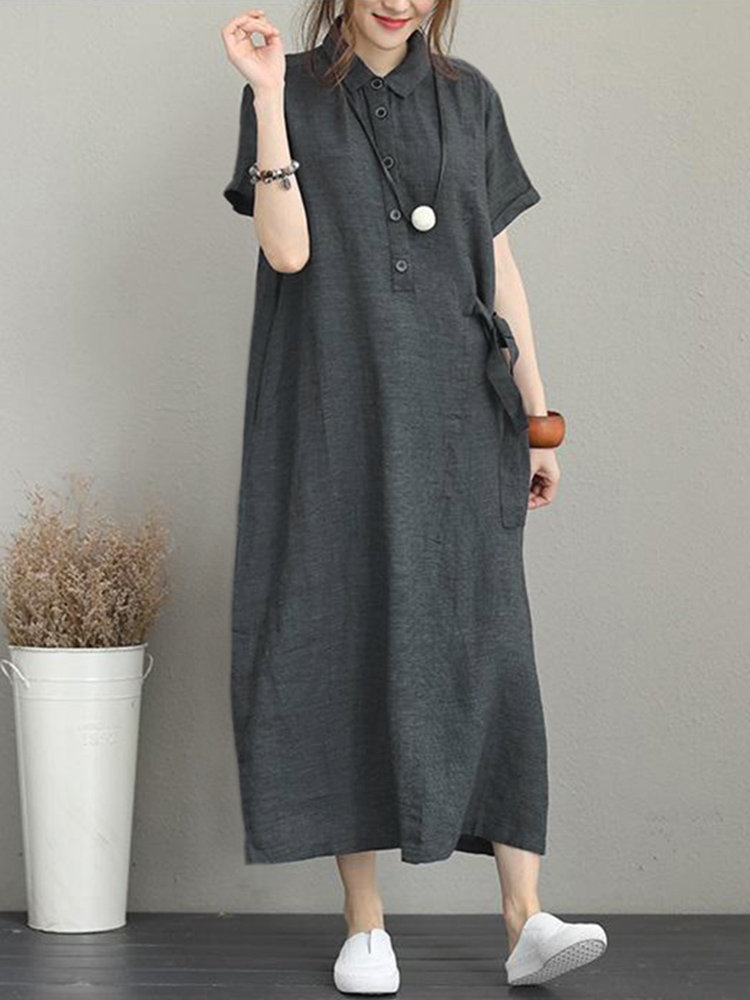 Vintage Turn-down Collar Side Pocket Drawstring Dress