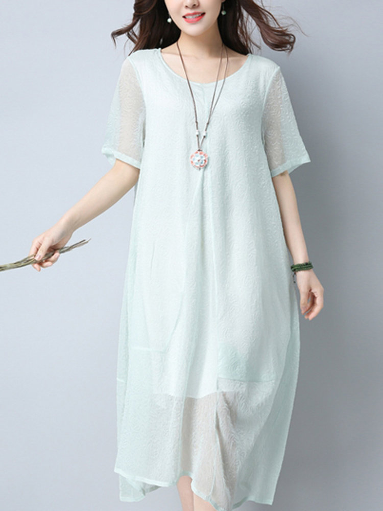 Vintage Women Two Layers Short Sleeve Pure Color Dresses