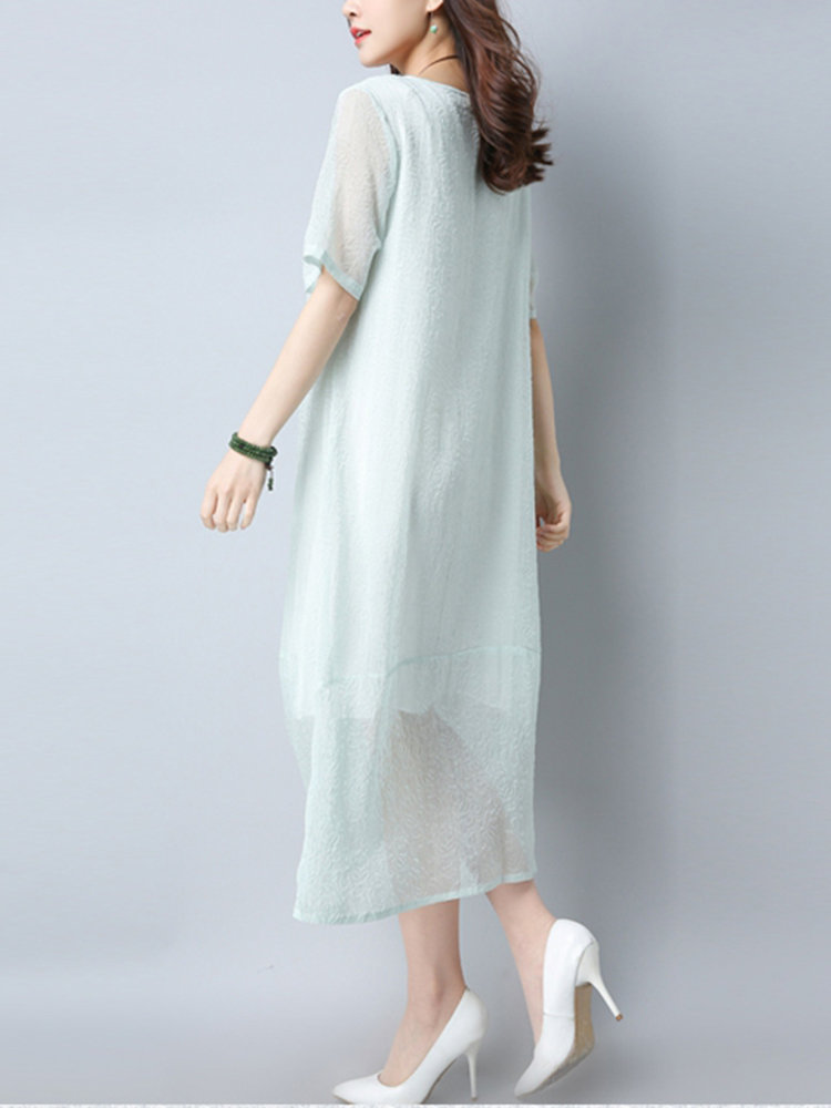 Vintage Women Two Layers Short Sleeve Pure Color Dresses