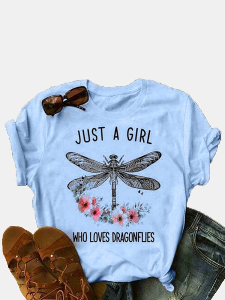 Dragonfly Printed Letters O-Neck Short Sleeve T-shirt