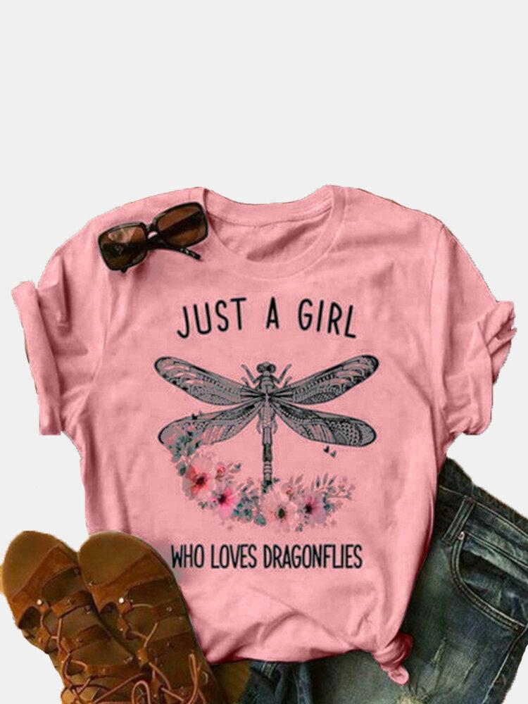 Dragonfly Printed Letters O-Neck Short Sleeve T-shirt