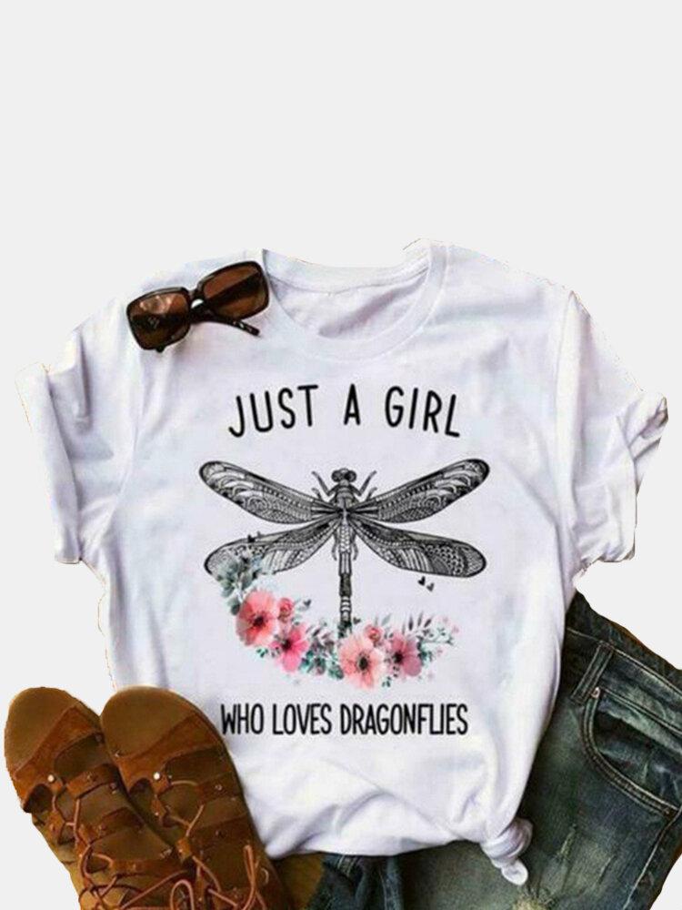 Dragonfly Printed Letters O-Neck Short Sleeve T-shirt