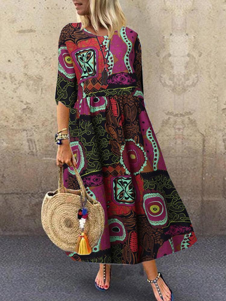 Vintage Multi-Coloerd Print O-neck Half Sleeve Loose Dress