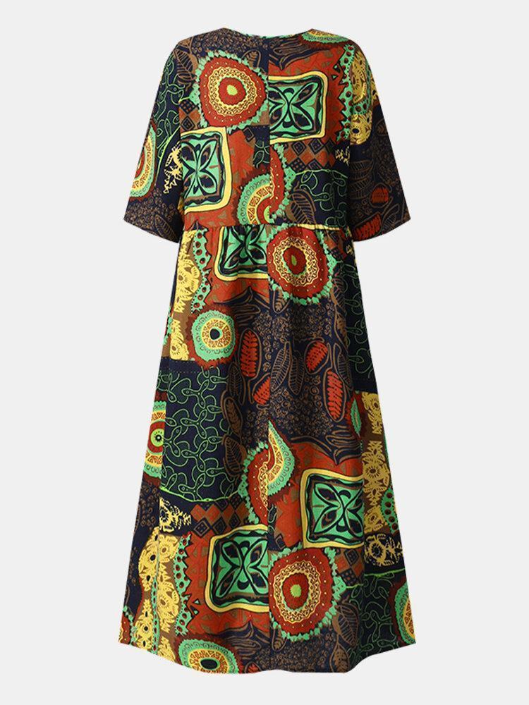 Vintage Multi-Coloerd Print O-neck Half Sleeve Loose Dress