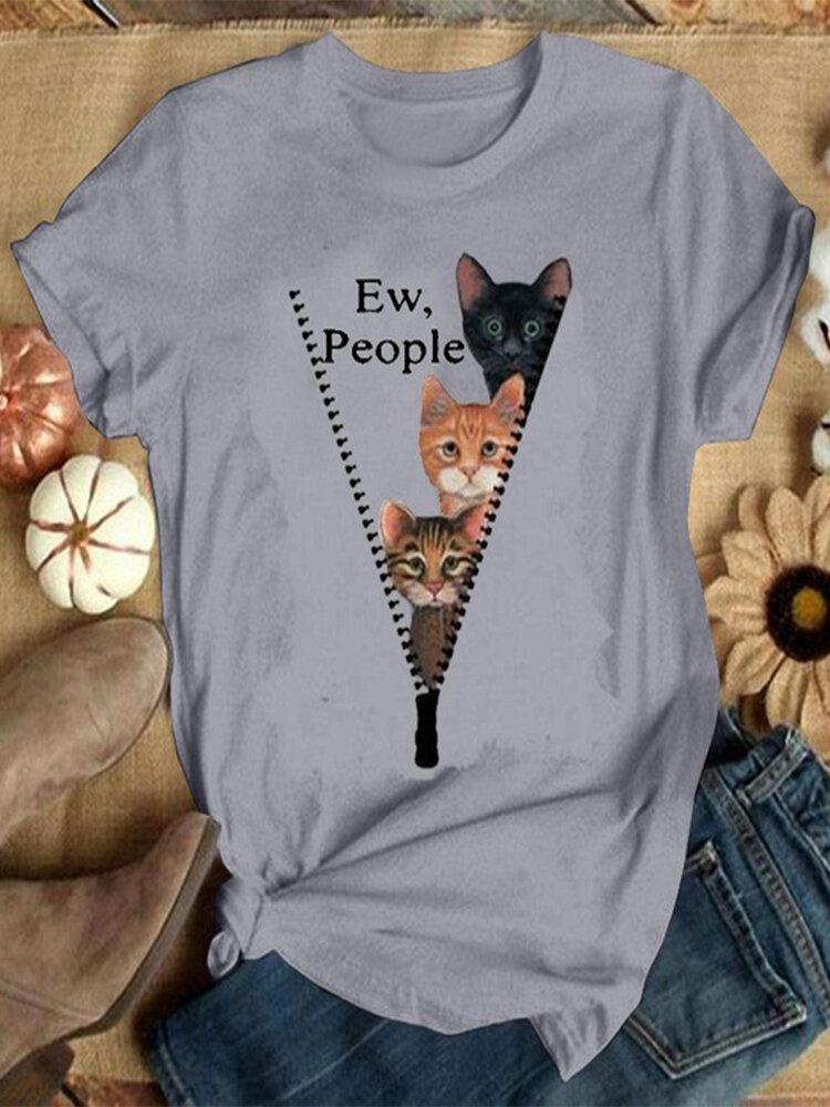 Casual Cartoon Cat Printed O-neck Short Sleeve T-shirt