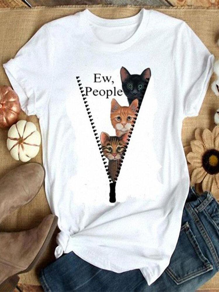 Casual Cartoon Cat Printed O-neck Short Sleeve T-shirt