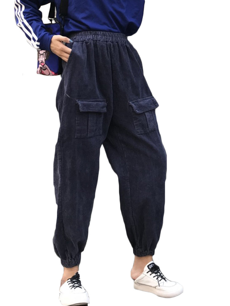 Solid Color Corduroy Elastic Waist Casual Overalls Pants