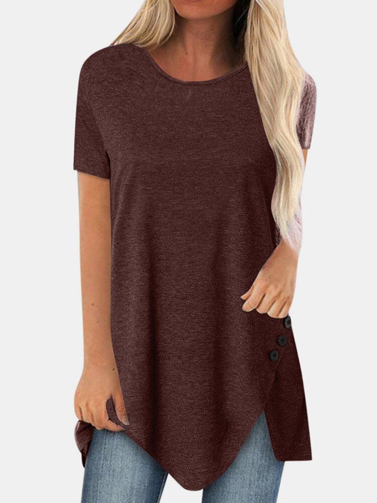 Solid Color Side Button Short Sleeve Splited Casual T-shirt For Women